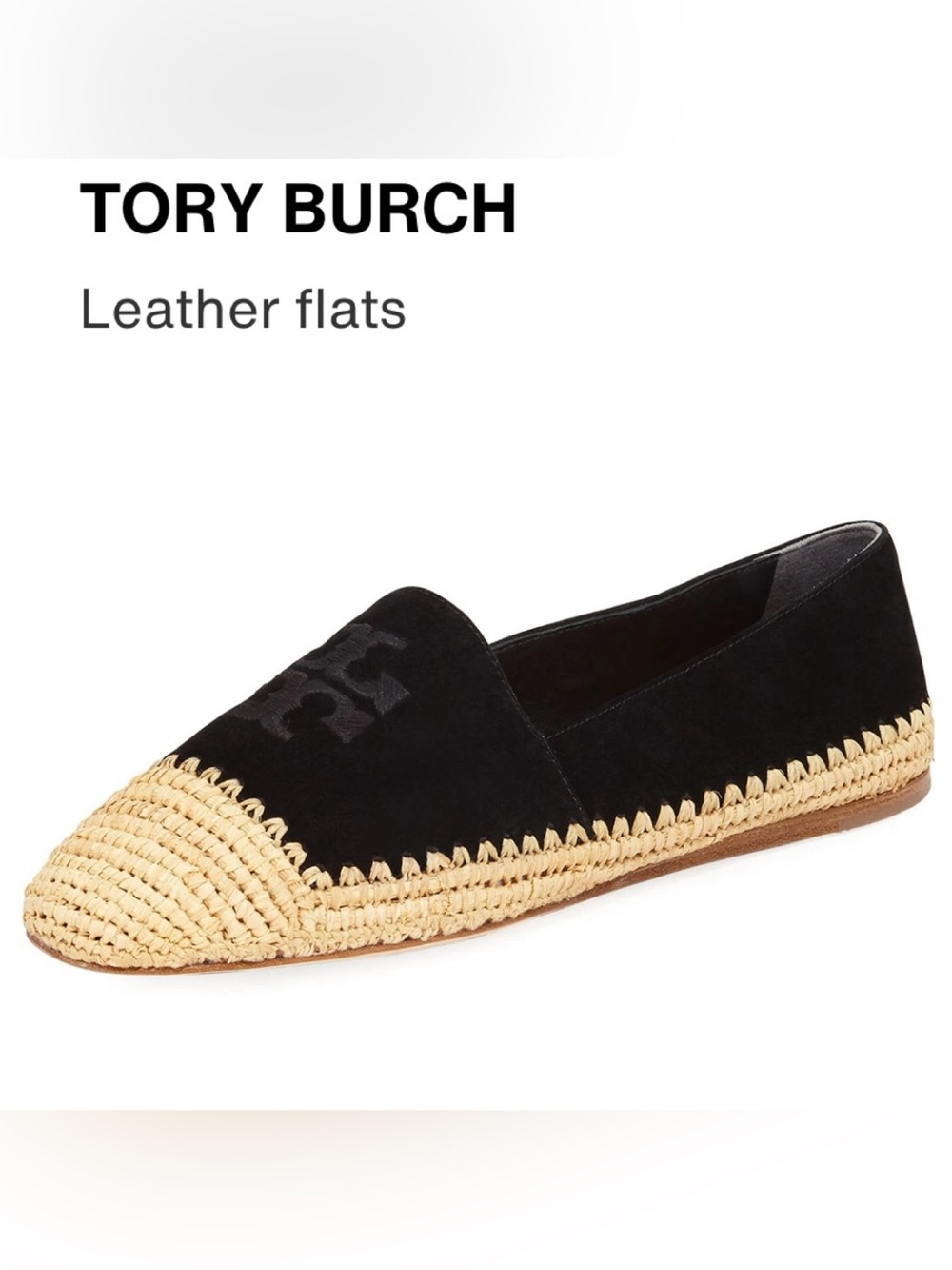 TORY BURCH Black Suede Espadrille with Natural Raffia Toe Cap